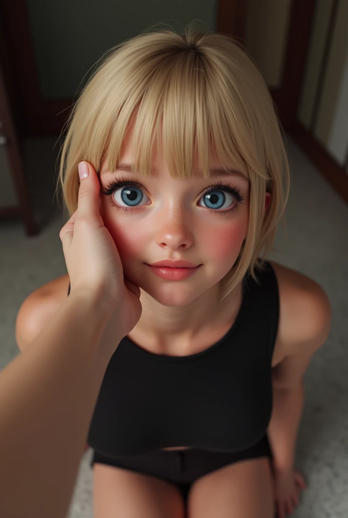 Realistic Imagine of a Submissive Woman ((kneeling on the floor)) is looking at me while in first person view I caress her face, She has short straight blonde hair, being a natural blonde with bangs on her forehead and blue eyes. She wears a simple black outfit. ((First person view)) as if I myself was standing in front of her stroking her face, I see my arm stretched out and my hand caressing her face as she rests her face on my hand to feel my caresses, she has a satisfied expression with a small sweet smile.