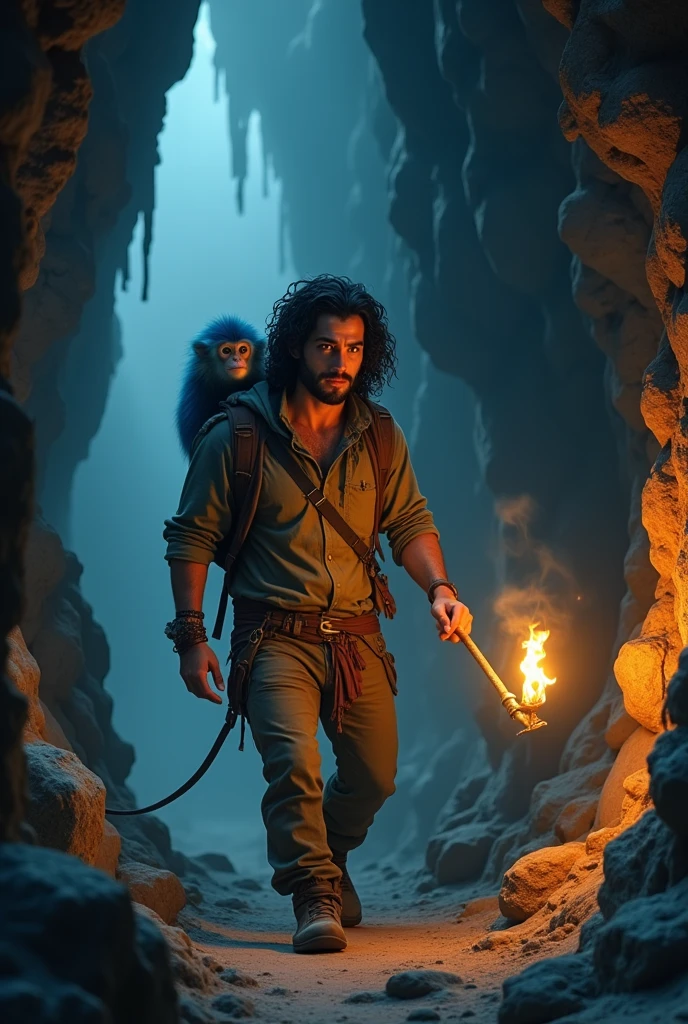 A twenty-five-year-old man, with black hair, curly and long to the shoulders. green eyes. walks through a dark cave with a torch in his hand. On his shoulder is a small blue-haired monkey.