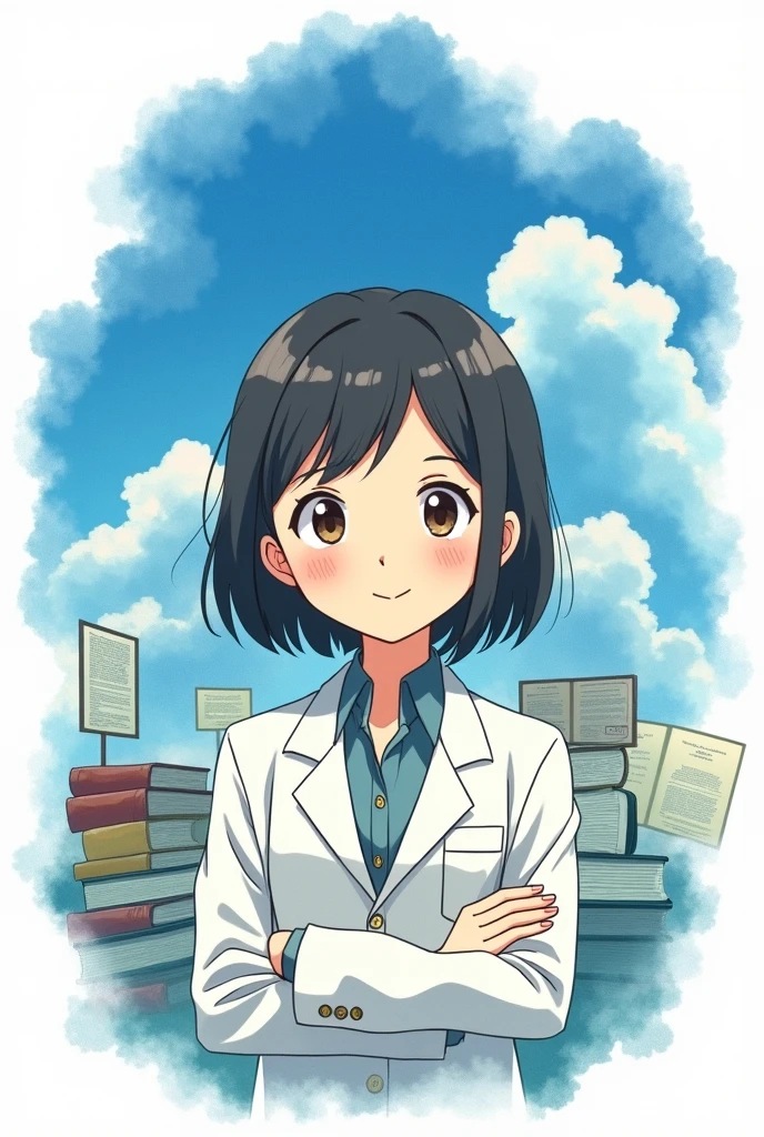 Hello, I want an animated image like Studio Ghibli of a psychologist with slanted eyes, shoulder length hair, young, smiling and tender. Let the image be full body and a watercolor in the shape of a blue cloud, that there are psychological achievements around