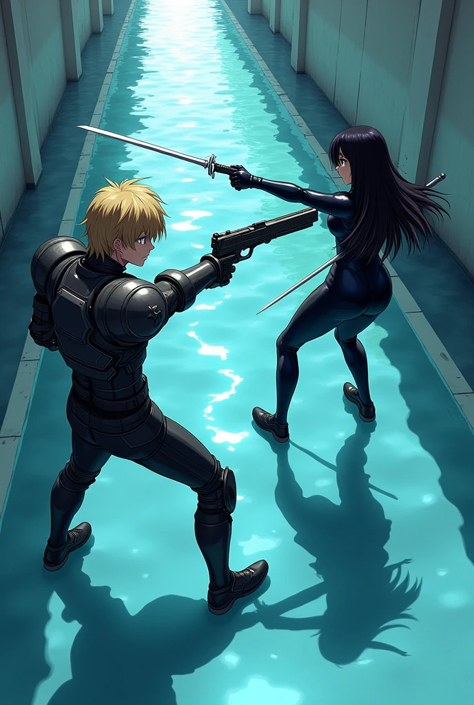 The image is anime style with shadows and dim lights, anime style although somewhat adult and dark, It shows a scene of a wide street with white walls., and whose soil, It's like crystal clear water, which perfectly reflects what happens on its surface. On that street a man with medium-length blond hair is fighting, wearing armor on his arms and holding a gun., fights against a single android with long black hair and a latex suit holding two swords in her hands. The image is focused from above, so you can barely see the fighters in question.