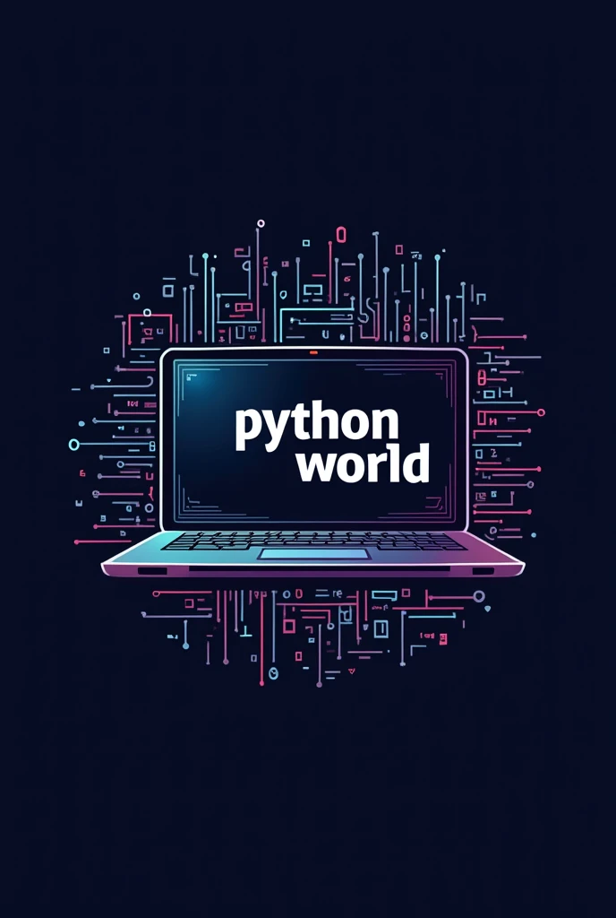 Create a logo of topic python . Background some python codes written . At middle there is a laptop where written -"pythonworld"