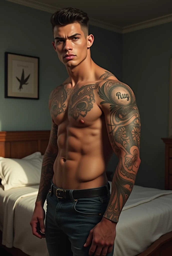 A young man AI high quality muscular tattoo name “ruy” and other tattoo fair skin tan light pink mouth with realistic bedroom background 