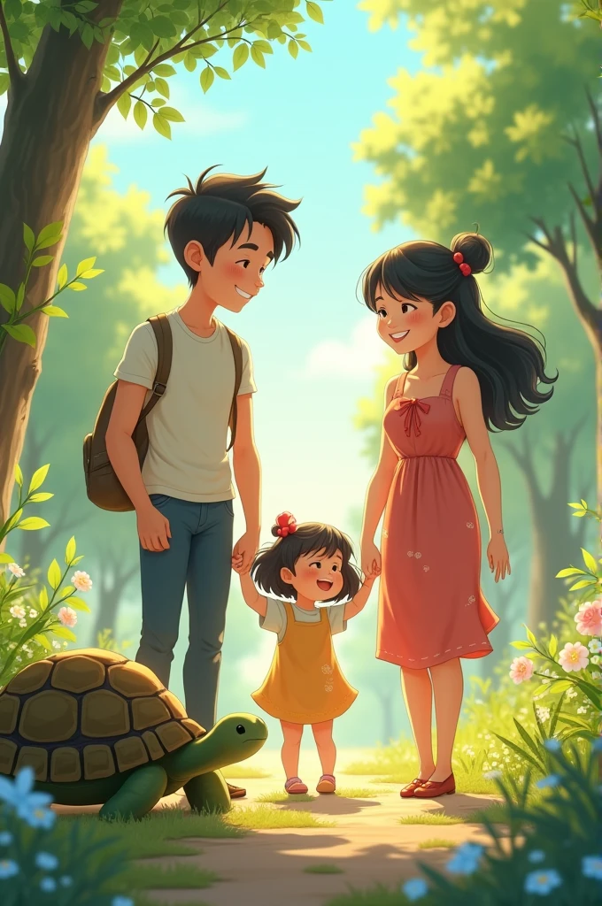 A family of four- handsome father, beautiful mother, daughter, baby son and tortoise playing together in anime style