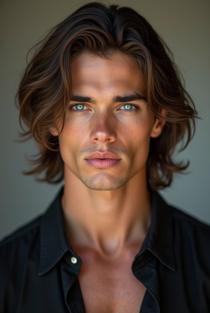 A tall and handsome young man, as if created for greatness, attracted attention with his powerful physique. The look in his blue eyes was clear and sparkling., like a lake on a sunny day. His fair skin framed his strong features tenderly., and brown long hair, expertly groomed and silky, wrapped around the shoulders, giving it a mysterious and attractive look. Age 29, 195 cm, bright skin, Brown hair, Blue eyes,