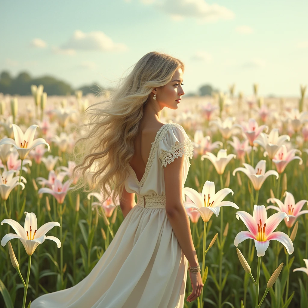สำหรับภาพwomanสดใสในทุ่งดอกลิลลี่ โดยมีรายละเอียดดังนี้:
1. **background**: The field of lilies is full of white and pink flowers. The fields are interspersed with romantic and refreshing scents. 2. **woman**:
- **Hair style**: Long blonde hair, Let it fall in natural waves - **set**: ใส่setยุโรปย้อนยุค เช่น setกระโปรงยาวสีอ่อน ใส่คอนเซ็ปต์
- **stance**: Standing with your back to the bright colors and pleasant atmosphere will make the picture look more lively and beautiful.