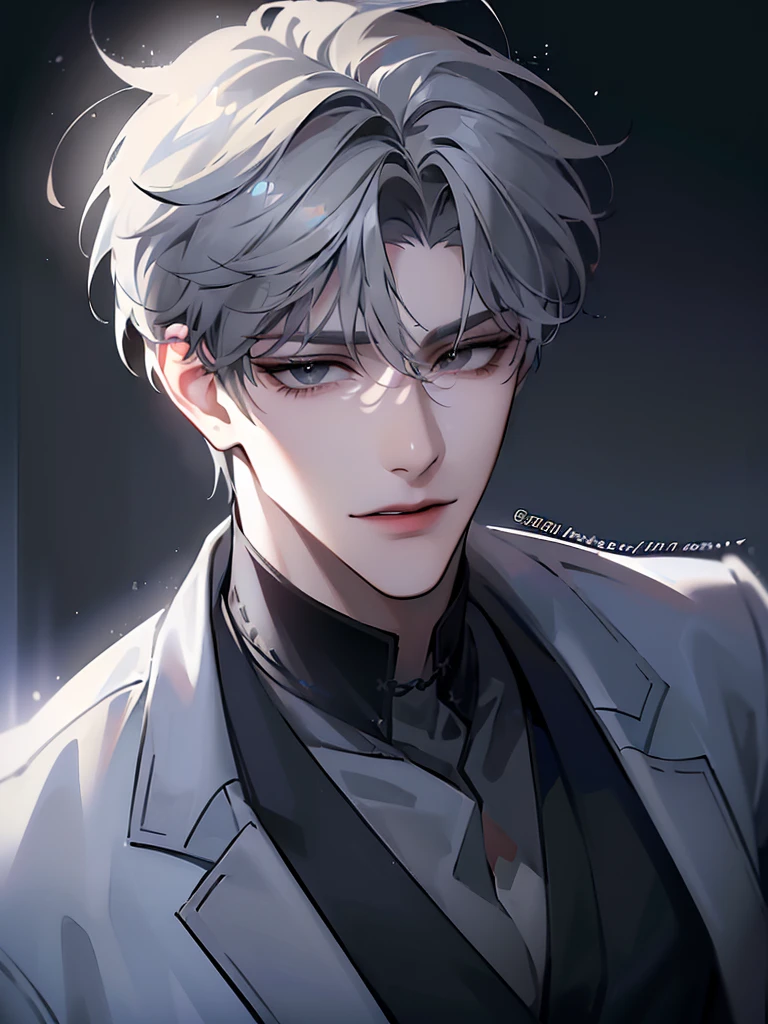 (masterpiece, 8k, high quality, best quality:1.6), 1boy, solo, short hair, gray hair, asymmetrical fringe, black eyes, handsome, sharp eyes, (mature male, mature:1.2), male focus, fashionable, tucked in open white collared shirt, black pants, necklace, close up, smile, long eyelashes, soft shadows, perfect anatomy