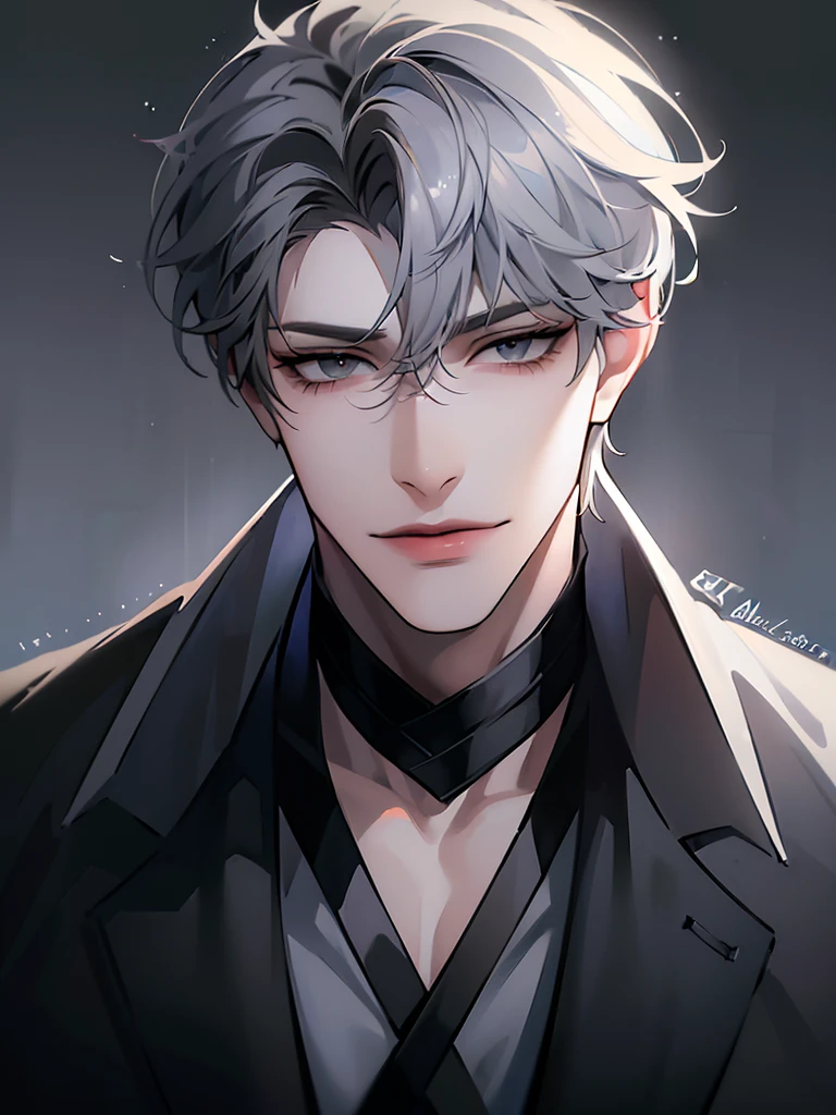 (masterpiece, 8k, high quality, best quality:1.6), 1boy, solo, short hair, gray hair, asymmetrical fringe, black eyes, handsome, sharp eyes, (mature male, mature:1.2), male focus, fashionable, tucked in open white collared shirt, black pants, necklace, close up, smile, long eyelashes, soft shadows, perfect anatomy