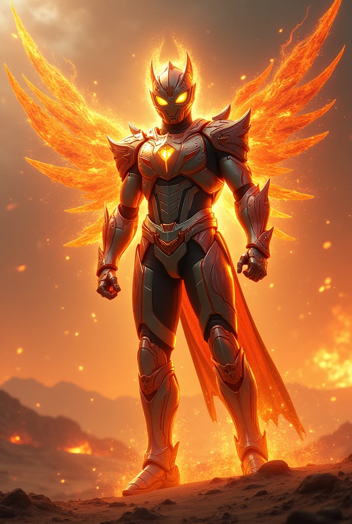 Create superhero with suit full body armour look alike kamen rider with phoenix element smoke effect background at desert lava effect on suit