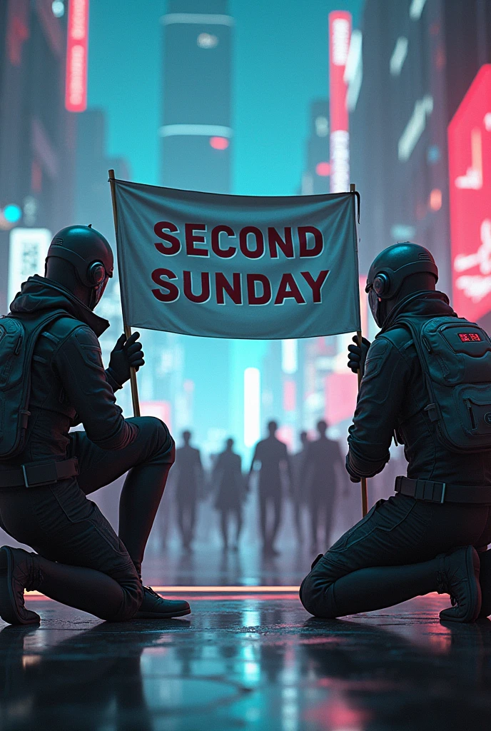 Cyberpunk Ingress enlightened, resistance agents kneeling down and holding a banner that says SECOND SUNDAY