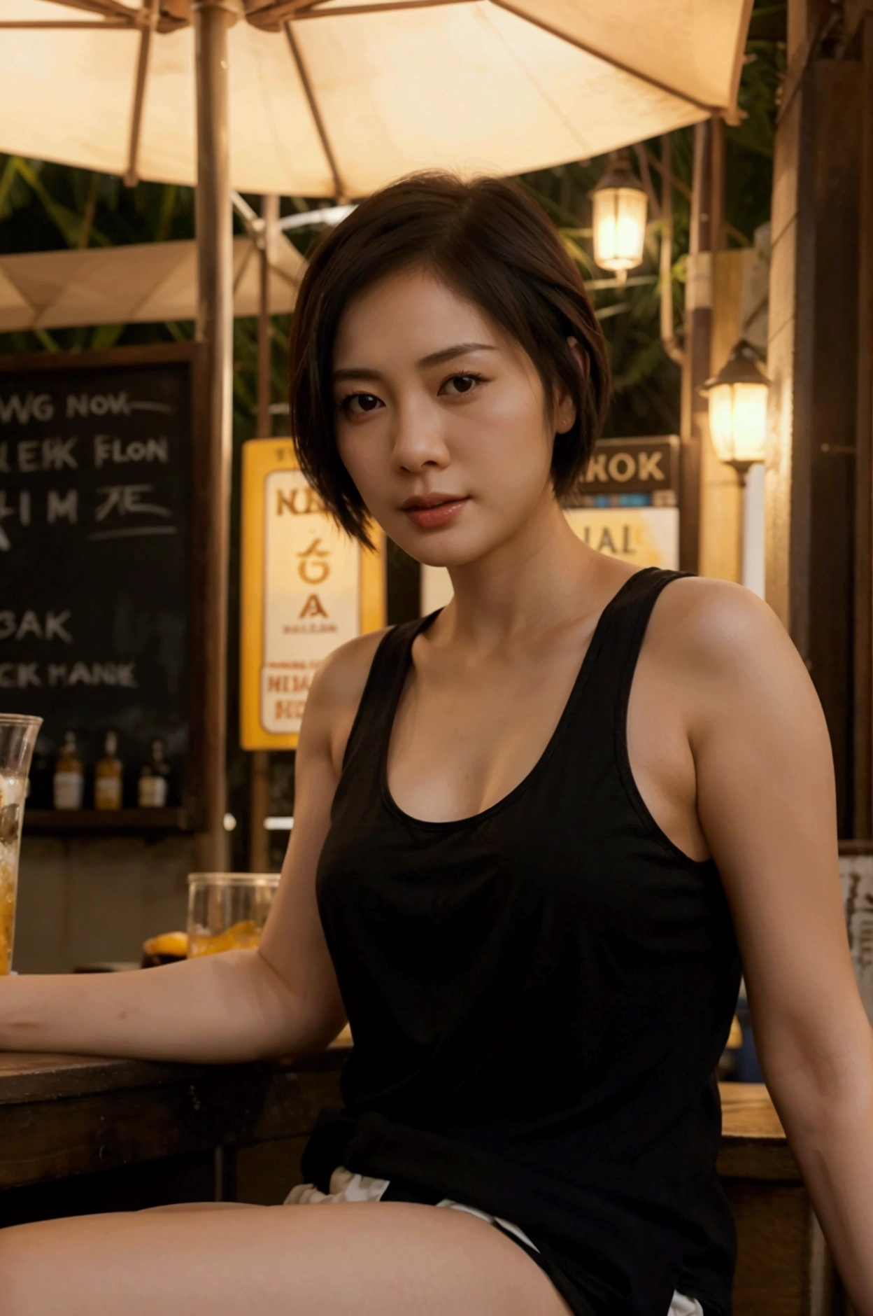 black short hair, photorealistic, young beautiful asian woman, pale skin, sunny day, sitting at a bar at the beach at night, wearing a beautiful tank top