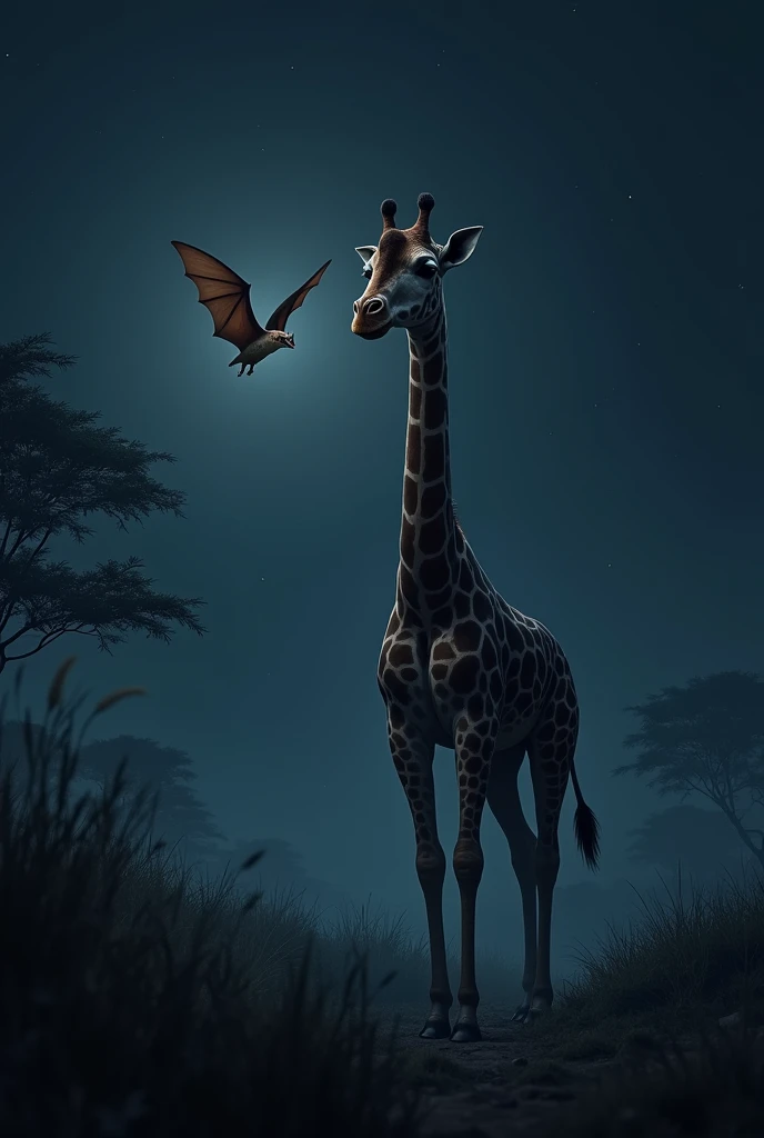 Giraffe is standing in front of that at night and make a realistic image like original giraffe and bat both of them are clearly seeing each other