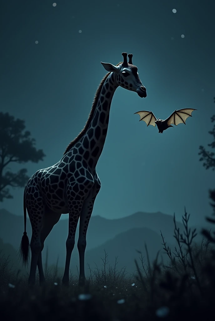 Giraffe is standing in front of that at night and make a realistic image like original giraffe and bat both of them are clearly seeing each other 