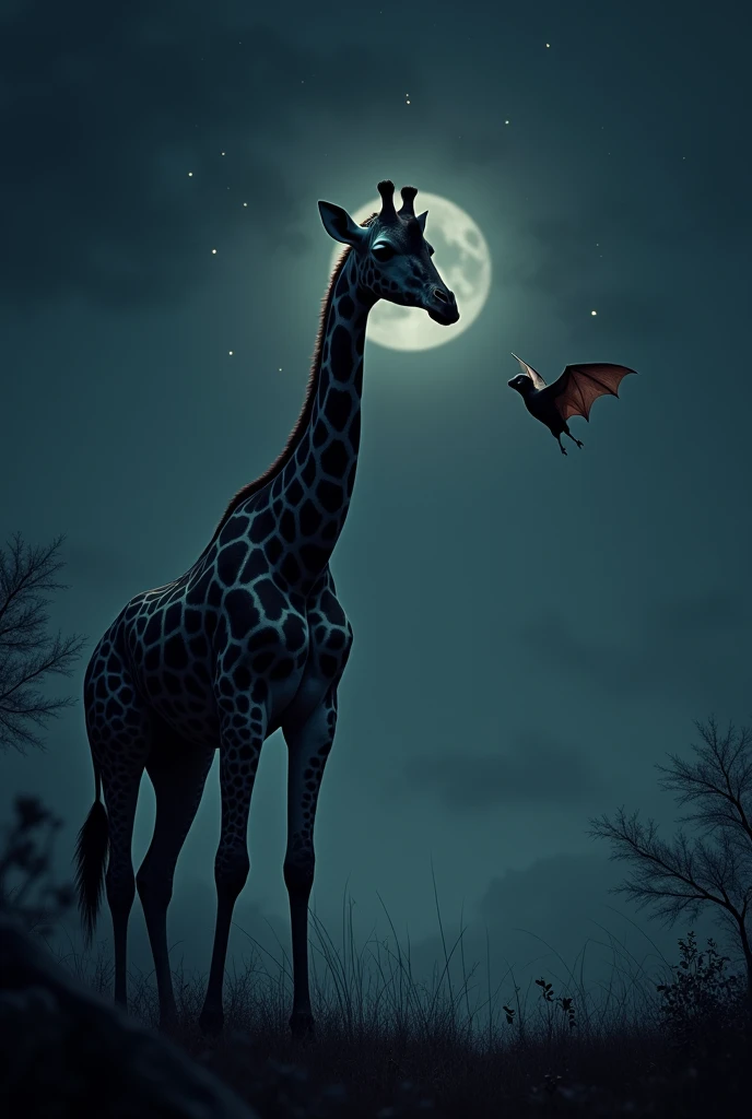 Giraffe is standing in front of that at night and make a realistic image like original giraffe and bat both of them are clearly seeing each other