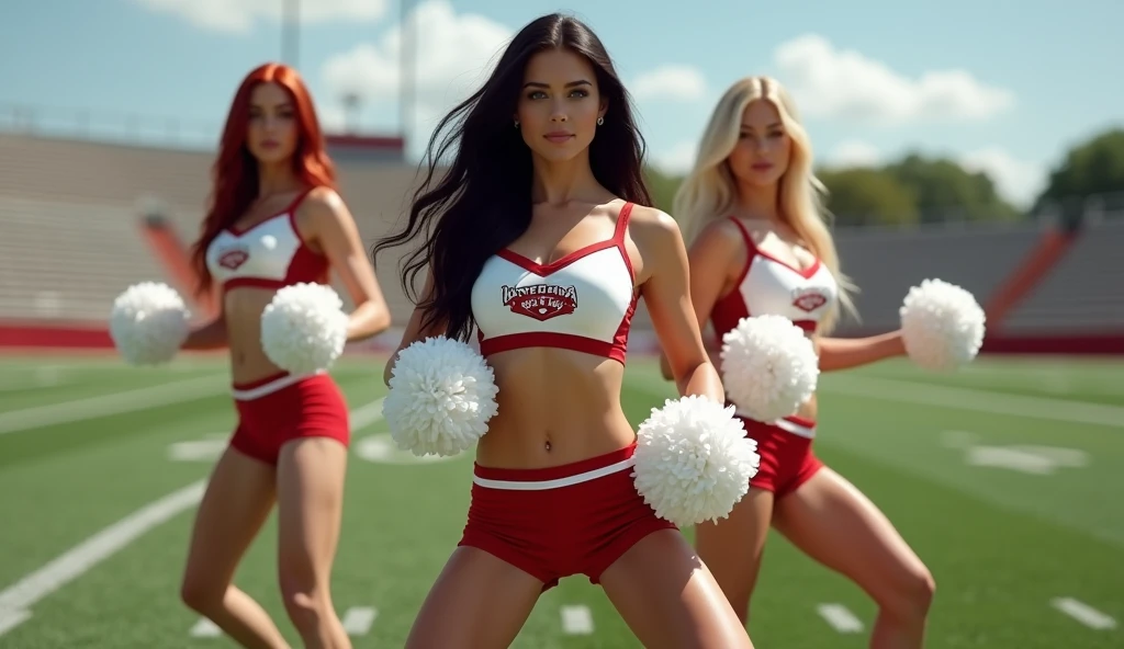 ultra realistic, photography, three hot girls: one with long straight red hair, (30 years old, hourglass figure, perfect body, natural medium breasts), the second one: long black straight hair, (30 years old, hourglass figure, perfect fit body, natural big breasts), the third one with long straight blonde hair, (wavy elegant hair, blue eyes, perfect round lips, 30 years old, gorgeous face, voluptuous figure, perfect fit body, big enhanced breasts), they have perfect round cleavage, great cleavage, they are cheerleaders in red and white skimpy short uniforms on a footballfield, they have white pompoms in their hands and are doing sexy cheerleading