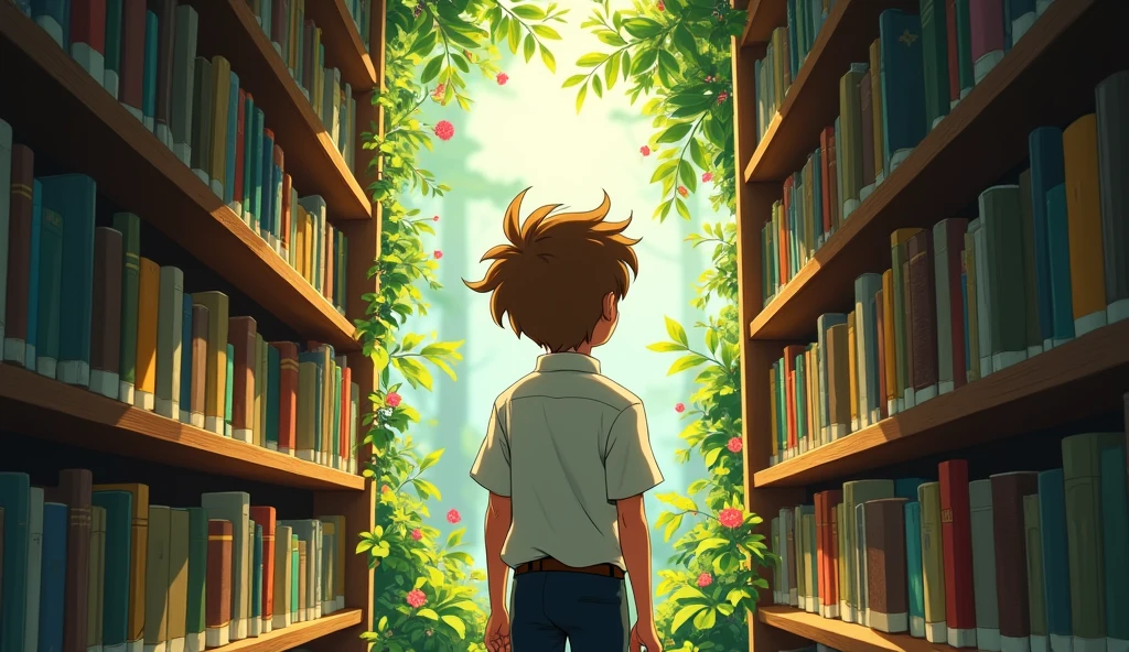 The back of teenager boy with bright, a mop of unruly, sandy brown hair, stands at The channel between the bookshelves he finds the entrance of a hidden garden. He is wearing a crisp, school uniform with a white shirt and a black tie.
stands at the entrance of a hidden garde in the library. Sunlight filters through the trees, casting dappled shadows on the lush green foliage and vibrant flowers.