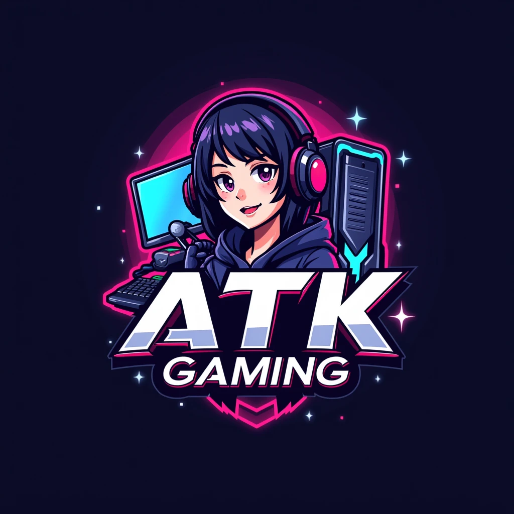 This is a gaming logo that features the name “ATK GAMING” in a futuristic font and a pink blue color and Boy Anime avtar, The logo also has a stylized controller icon and a Gaming PC setup in the background. The logo is designed to be attractive and eye-catching, and to appeal to gaming enthusiasts and YouTube viewers. I hope you like it.
