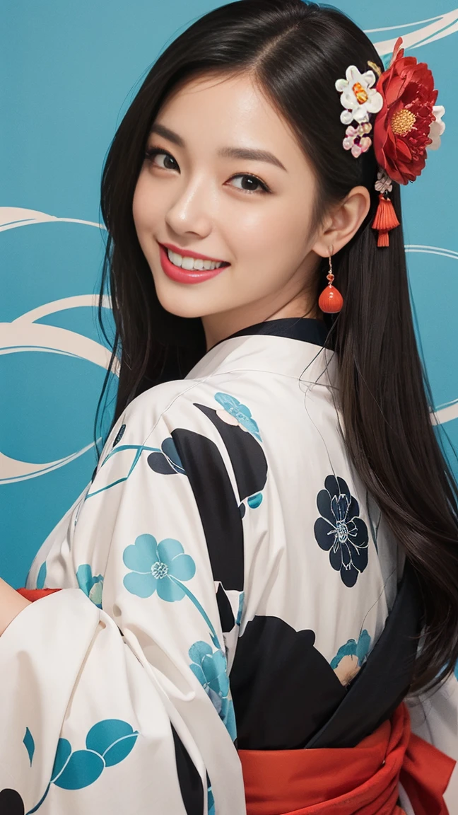 (SeaArt creates stunning illustrations of beautiful women in kimono)、Vividly colored Japanese Ukiyo-e style illustrations、A beautiful woman smiles and shows her upper white teeth、Brown-black long hair、Beautiful full body style、If you want to dance, let's dance, Tokyo Ondo, Yoi Yoi、Beautiful new digital paintings,、Bright vibrant digital anime art、 Beautiful anime portraits、background,Torii gate front of Japanese shrine、 Detailed digital anime art、