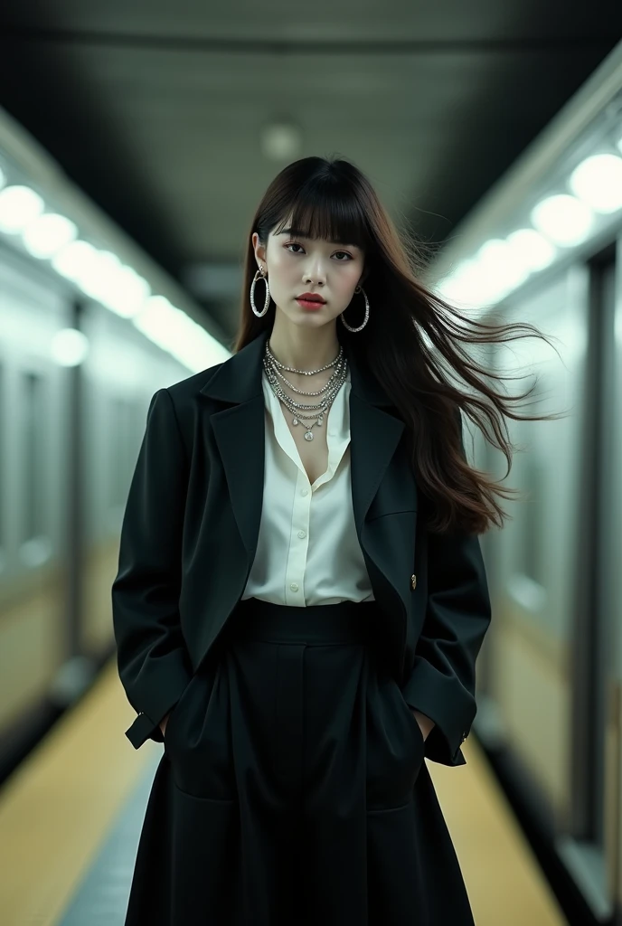 (Blunt bangs, Princess Bang))), (((Very heavy,Voluminous bangs:1.1))),(((very long, Very heavy,Very voluminous side locks:1.1))),, Hime cut, Straight bangs hairstyle, People with round faces and plain bangs, dull with long black hair、Bangs cut straight,))High Fashion Portrait, (Highest quality, detailed,masterpiece:1.2), Realistic, 1 person, Beautiful woman, Full Body Shot, Fashion Model, Dynamic pose, break small head, break (detailed buttocks, detailed legs, detailed body line, tight small breasts, Very small waist, Tight little ass, Beautiful muscular legs, Beautiful legs, Creates a sculptural beauty:1.2), Beautiful white, silky skin, A slim and beautiful neck, (Full Body Shot, Dynamic pose:1.2), break Opt for a sleek, (((Black Japanese style jacket, White long dress shirt,Black long skirt,Black boots,His hands are in his jacket pockets))) Accessorize with an abundance of statement jewelry, large silver hoop earrings, Style hair in a sleek, Architectural Upstyle,oversized hoop earrings, Sharp angles and a sleek finish give it a futuristic feel., break small head, detailed face, ((Full body photo))((Directly facing)))looking at the camera,masterpiece，Highest quality，8k，クレイジーなdetailed，複雑なdetailed，超detailed，super quality，High detail(((The hem of her skirt flutters in the wind as the subway passes by.,)))looking at the camera(Realistic、Realistic:1.37)、,Highest quality, figure, 超detailedな, finely, 完璧なダイナミックな構figure, ((Photographed inside a subway station,A train passes behind a female model,The female model is standing with her back to the train,女性モデルは画角の真ん中でlooking at the camera,The subway is blurry as it passes by.,Many other customers were standing behind the female model, facing the subway and waiting for the train.,女性モデルのみlooking at the camera)), Beautiful and fine details,Expressionless，, ,20 years old，Model body type,, ,Women are paying attention, Her face is beautiful and delicate，Showing an otherworldly beauty。,A female model standing in a pose on the subway,, Fashion Model,looking at the camera,masterpiece，My hair is blowing in the wind as the subway passes by,A bit backlit,The tip of her hair is visible,