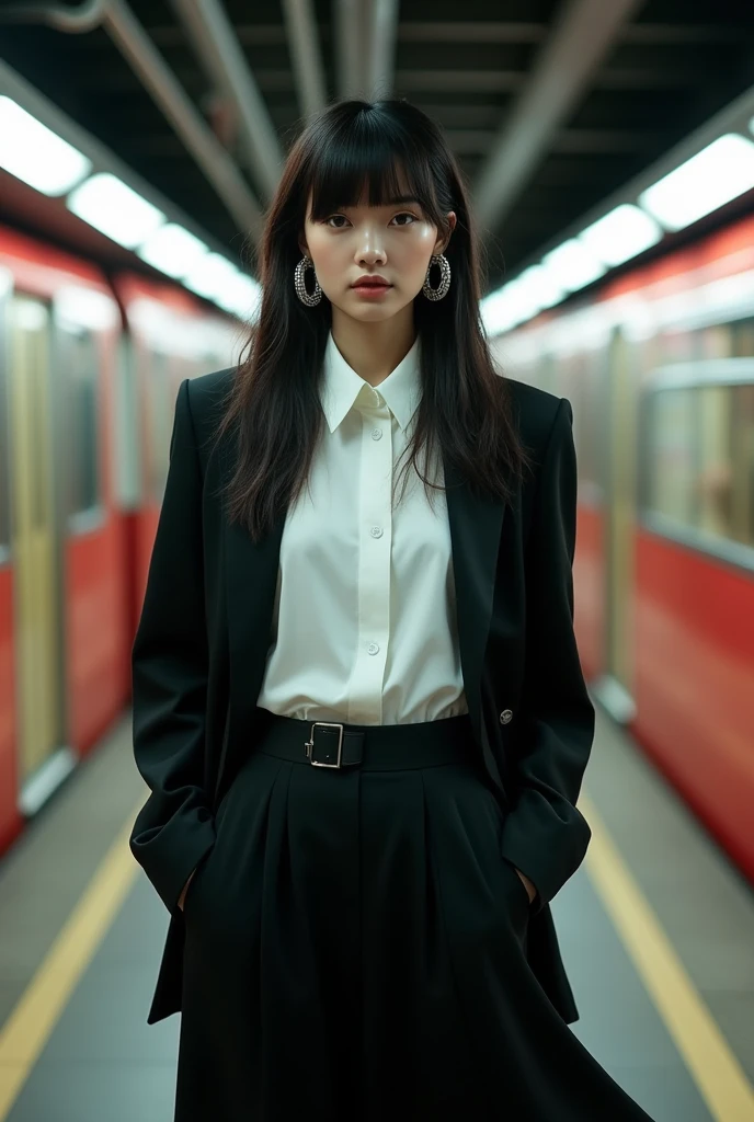 (Blunt bangs, Princess Bang))), (((Very heavy,Voluminous bangs:1.1))),(((very long, Very heavy,Very voluminous side locks:1.1))),, Hime cut, Straight bangs hairstyle, People with round faces and plain bangs, dull with long black hair、Bangs cut straight,))High Fashion Portrait, (Highest quality, detailed,masterpiece:1.2), Realistic, 1 person, Beautiful woman, Full Body Shot, Fashion Model, Dynamic pose, break small head, break (detailed buttocks, detailed legs, detailed body line, tight small breasts, Very small waist, Tight little ass, Beautiful muscular legs, Beautiful legs, Creates a sculptural beauty:1.2), Beautiful white, silky skin, A slim and beautiful neck, (Full Body Shot, Dynamic pose:1.2), break Opt for a sleek, (((Black Japanese style jacket, White long dress shirt,Black long skirt,Black boots,His hands are in his jacket pockets))) Accessorize with an abundance of statement jewelry, large silver hoop earrings, Style hair in a sleek, Architectural Upstyle,oversized hoop earrings, Sharp angles and a sleek finish give it a futuristic feel., break small head, detailed face, ((Full body photo))((Directly facing)))looking at the camera,masterpiece,Highest quality,8k,クレイジーなdetailed,複雑なdetailed,超detailed,super quality,High detail(((The hem of her skirt flutters in the wind as the subway passes by.,)))looking at the camera(Realistic、Realistic:1.37)、,Highest quality, figure, 超detailedな, finely, 完璧なダイナミックな構figure, ((Photographed inside a subway station,A train passes behind a female model,The female model is standing with her back to the train,女性モデルは画角の真ん中でlooking at the camera,The subway is blurry as it passes by.,Many other customers were standing behind the female model, facing the subway and waiting for the train.,女性モデルのみlooking at the camera)), Beautiful and fine details,Expressionless,, ,20 years old,Model body type,, ,Women are paying attention, Her face is beautiful and delicate,Showing an otherworldly beauty。,A female model standing in a pose on the subway,, Fashion Model,looking at the camera,masterpiece,My hair is blowing in the wind as the subway passes by,A bit backlit,The tip of her hair is visible,