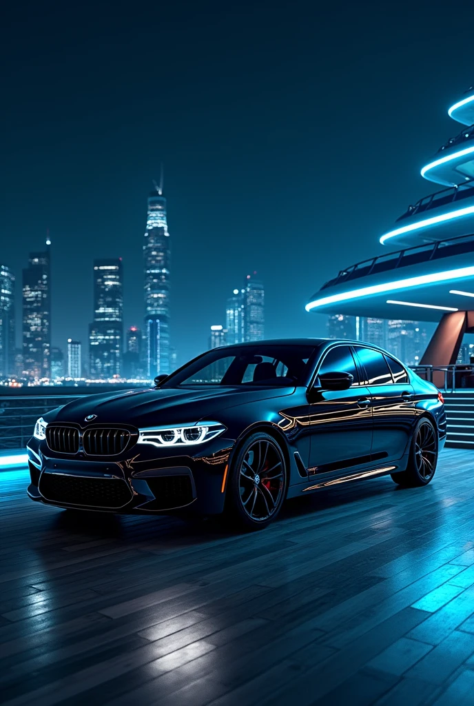 bmw m5 cs f90 black edition on deck of a luxury yacht at night with high sky scrapers in the background, and blue neon light