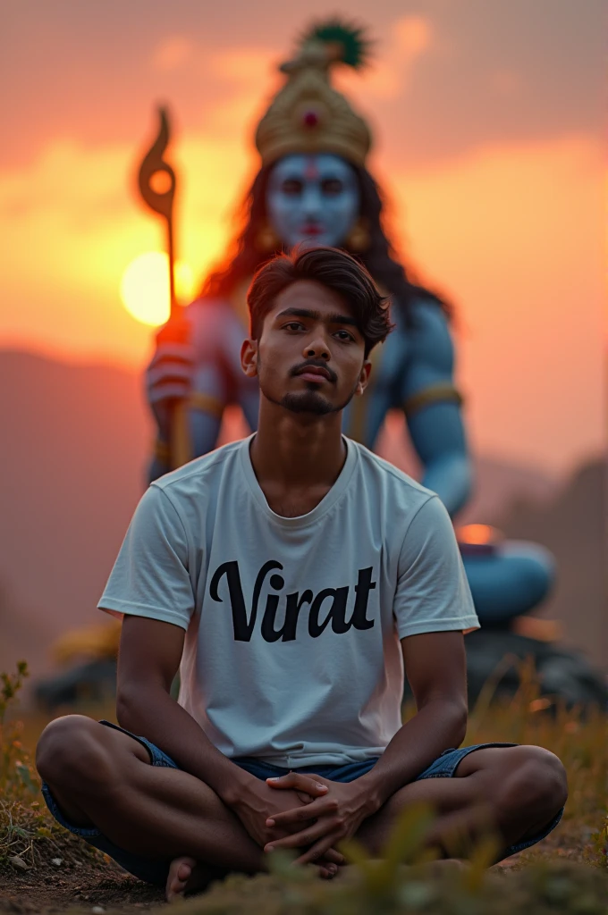 create realistic high quality image where a 20 year old Indian boy sitting & praying ahead to Lord Krishna ji, boy wearing white t-shirts on which name “virat” is written boldly, beautiful background, sunrise, devotional atmosphere, Lord Krishna, make sure name should be visible & correct.