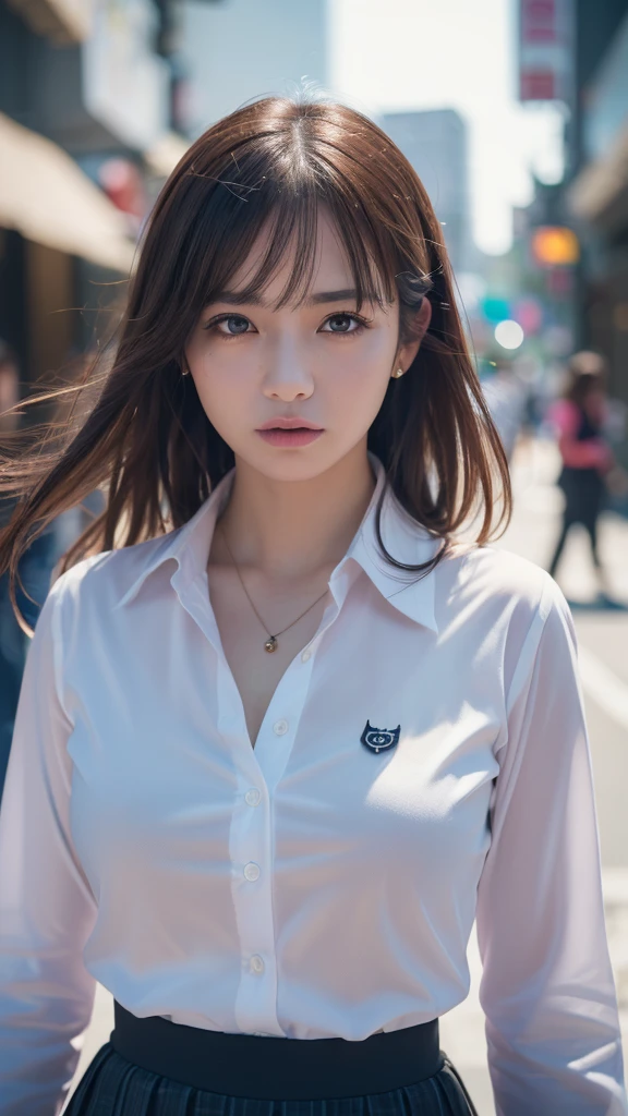 (((Realistic photograph))),, Portraiture, (Scary face:1.3),, beautiful girl, View your viewers, , (school uniform:1.2), Buttoned shirt and trousers, , (Cleavage:1),, On the streets of Japan, (Environment details:1.3),, (RAWphotograph, CG unity, photograph, ultra Realistic details, Sharp focus, Detailed skin,4K, High resolution, masterpiece, Highest quality, Realistic, Vibrant:1.2),, (8k,4K, 超High resolution, High resolution, Professional, movieのような, movie, dramatic),, (Anamorphic depth of field blur background), Detailed Background,
