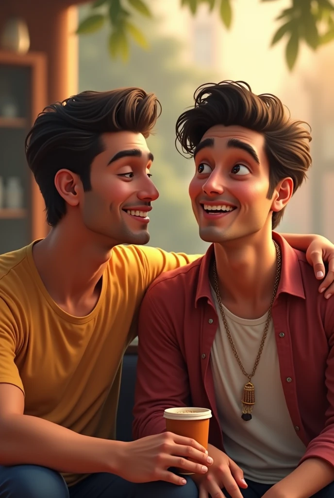 Amit and Sanjay's resemblance or spending time together, where they are shown smiling and friendly.