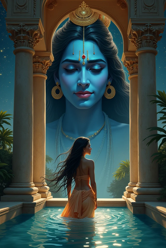 Create a picture about a beautiful girl called Saranya who is taking a bath in a facade with Lord Krishna, Hindu Supreme God during the night. The sky is filled with gold stars