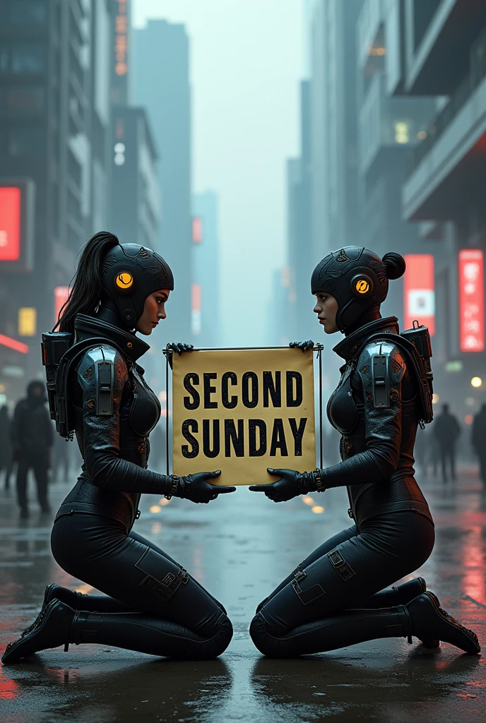 Cyberpunk Ingress enlightened and resistance agents kneeling down and holding a banner that says SECOND SUNDAY