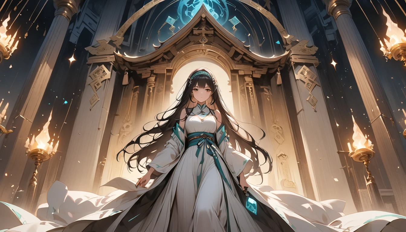 「The mysterious shrine maiden、Divination scene in an ancient temple。She is wearing a long white dress、Holding a divination tool in his hand、Candles and crystals are lit all around.。The background features mystical symbols and constellations.、Creates a fantastic atmosphere。」