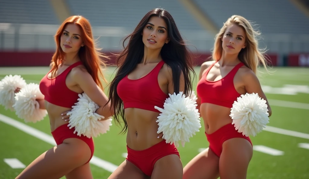 ultra realistic, photography, three hot girls: one with long straight red hair, (30 years old, hourglass figure, perfect body, natural medium breasts), the second one: long black straight hair, (30 years old, hourglass figure, perfect fit body, natural big breasts), the third one with long straight blonde hair, (wavy elegant hair, blue eyes, perfect round lips, 30 years old, gorgeous face, voluptuous figure, perfect fit body, big enhanced breasts), they have perfect round cleavage, great cleavage, they are cheerleaders in red skimpy short uniforms on a footballfield, they have white pompoms in their hands and are doing sexy cheerleading