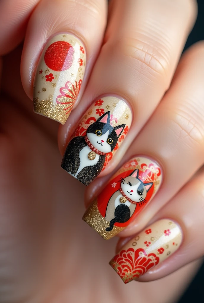 Japanese cat design nails 