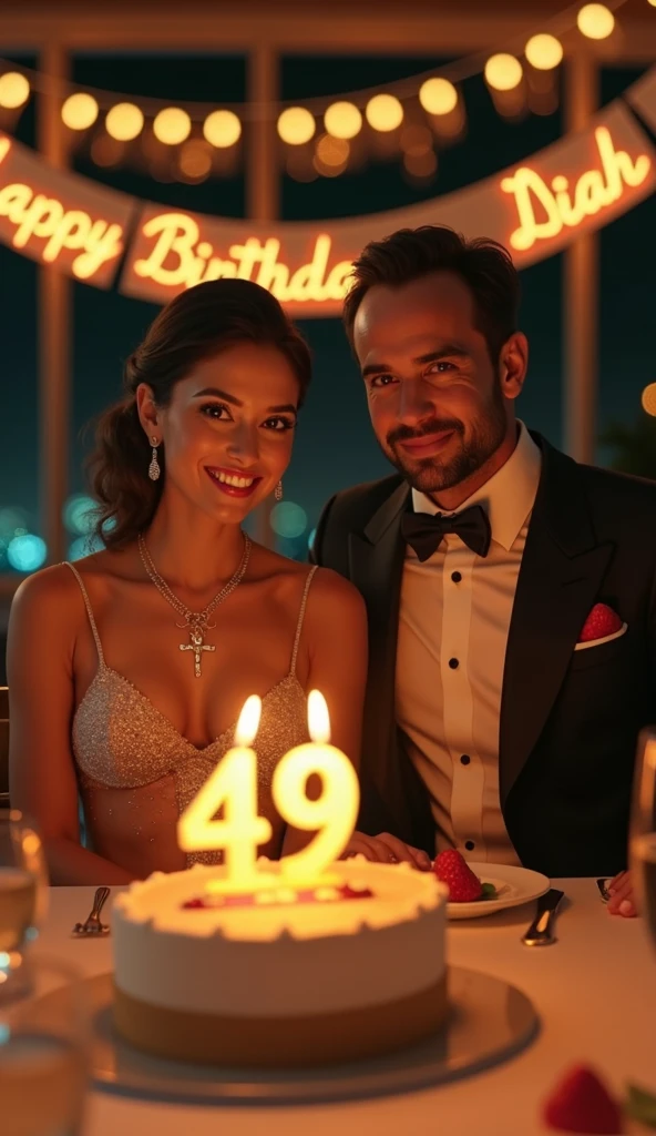 a 49 th birthday celebration dinner a lady and a gentleman wearing upscale attires, the lady is wearing a necklace with a cross at the end, hyper realistic, UHD image, delightful and cheerful. Both people are facing camera. The gentleman is giving a birthday give to the lady. There is a cake with candle number 49. A banner behind with a caption "Happy Birth Day, Diah"
