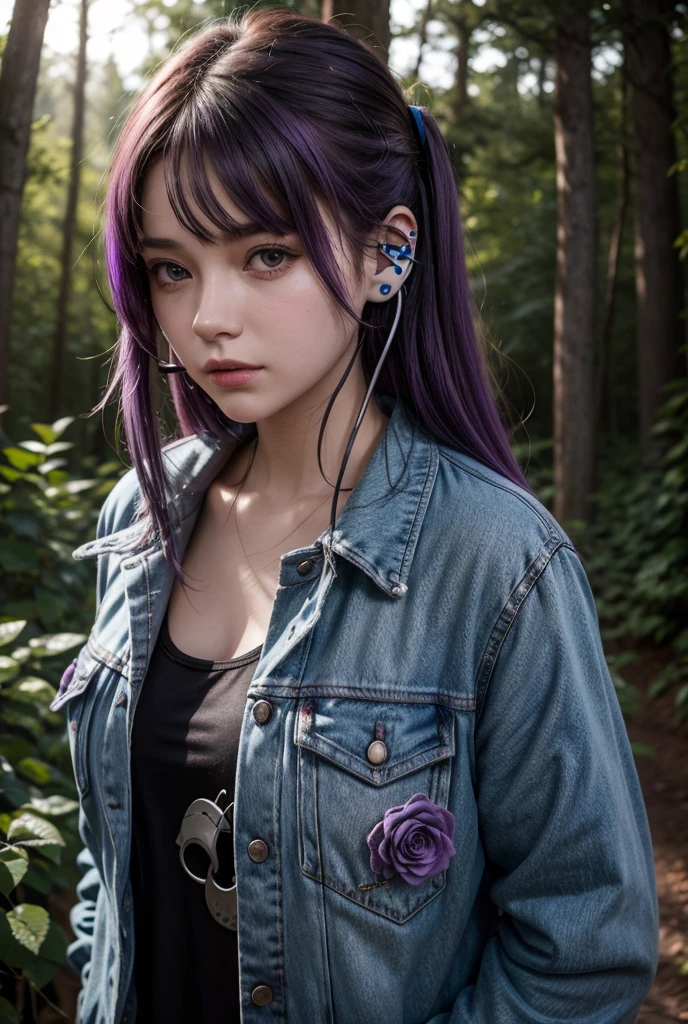 Young adult woman with purple hair, she is wearing torn clothes and a headset, She has roses on her back and is in a forest at night