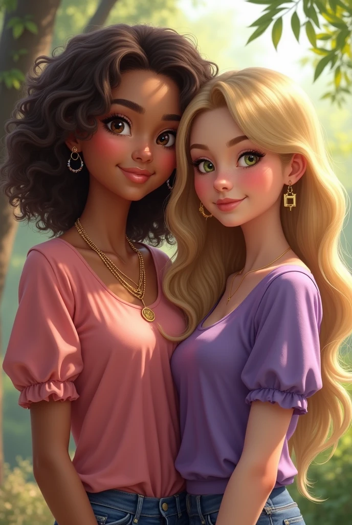 twogirls, a tall white girl, with light and medium brown curly and wavy hair, brown eyes and using lip gloss, with a golden necklace, wearing a pink blouse, the other white, with long dark blonde wavy hair, com olhos verdes claros, wearing an earring, wearing a purple blouse