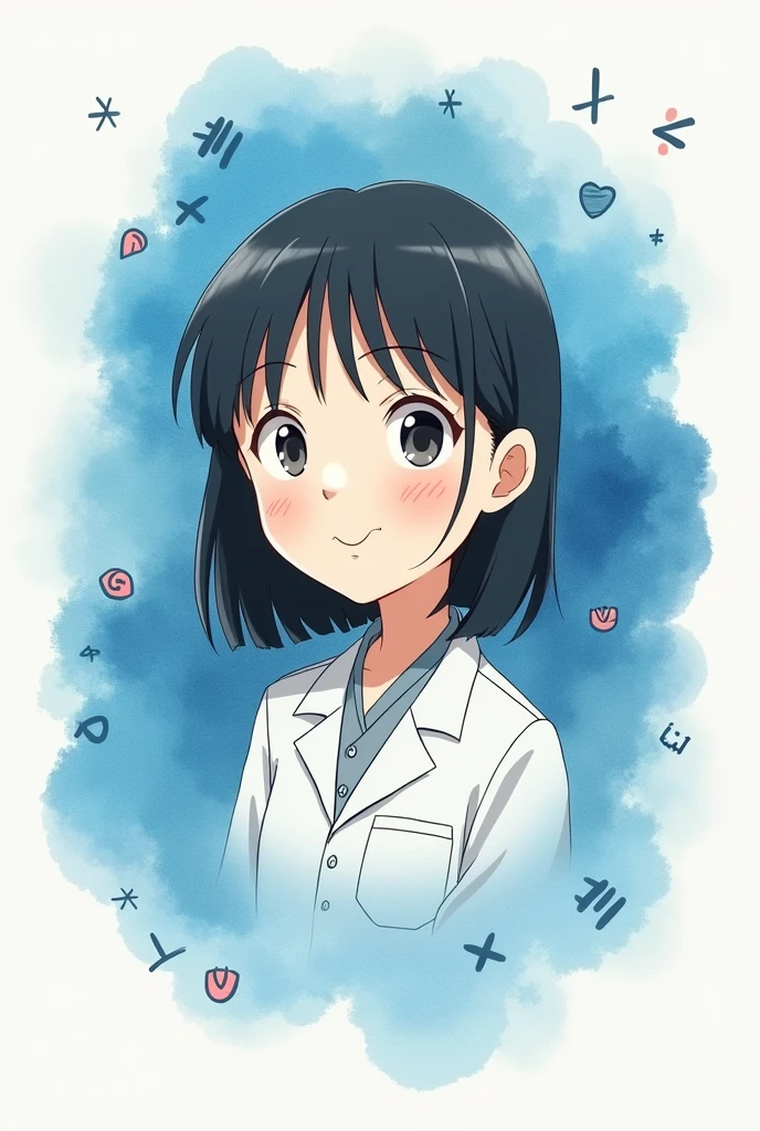 Hello, I want an animated image like Studio Ghibli of a psychologist with slanted eyes, shoulder length hair, young, smiling and tender. Let the image be full body and a watercolor in the shape of a blue cloud, that there are psychology logos around