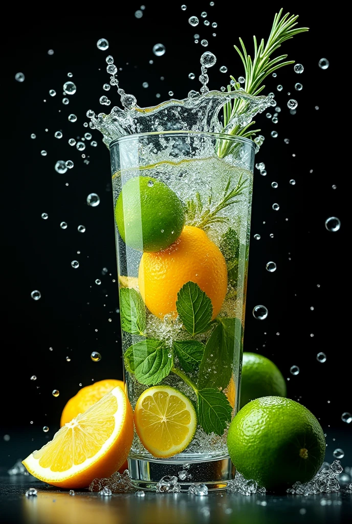(Movie-like photos:1.3) of (Realistic:1.3) a studio shot of a (explode:0.2) (Low gravity of fruit:1.1) (Splash:0.9) A glass of water with lots of herbs, Mint, basil and rosemary、Contains lemon and lime, Splash Image, Full Color, In Kamba, splashes of liquid, Drink, Mint and basil and flower, Next to lemon and lime and flower, Strong colors, ticker, Invoking joy, Water swirls, Fred Marcellin, Top selection when splash is removed, professional food photography, Artistic photography. Black background