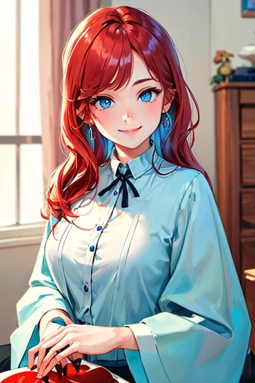 ((masterpiece)), (((best quality))), chromatic lighting,
colorized, red + white limited color palette, 
detailed concept drawing, her private room, street fasion,
portrait, 20yo 1girl, medium soft breasts, slender, long red hair, blue eyes, smiling, no weird objects or colors on the face