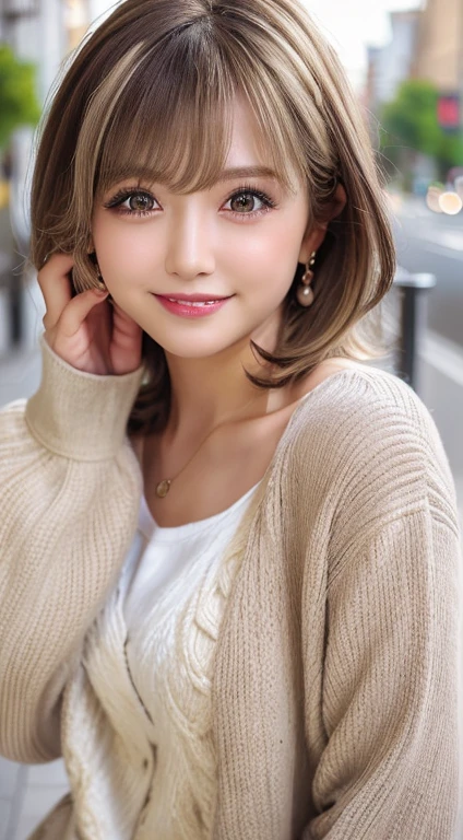 Happy smile seeing this、In the city、(Highest quality,8K quality,masterpiece:1.3,),(Ultra-high resolution:1.3,Realistic:1.4,RAW Photos:1.2),(Very detailed:1.2,Glowing Skin,Detailed skin:1.1),(Detailed face,Perfect Anatomy,Caustics:1.2),,1 person,cute,Japanese,1,Japanese Ido,Brown Hair, [(Brown to blonde gradation:1.4):0.4], Medium Hair,Curl short hair outward,cute目,Natural Makeup,bright casual clothes,Laughter,Looking into the camera,On the face,Face Focus,Professional Lighting,Natural soft light,