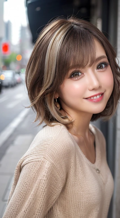 Happy smile seeing this、In the city、(Highest quality,8K quality,masterpiece:1.3,),(Ultra-high resolution:1.3,Realistic:1.4,RAW Photos:1.2),(Very detailed:1.2,Glowing Skin,Detailed skin:1.1),(Detailed face,Perfect Anatomy,Caustics:1.2),,1 person,cute,Japanese,1,Japanese Ido,Brown Hair, [(Brown to blonde gradation:1.4):0.4], Medium Hair,Curl short hair outward,cute目,Natural Makeup,bright casual clothes,Laughter,Looking into the camera,On the face,Face Focus,Professional Lighting,Natural soft light,