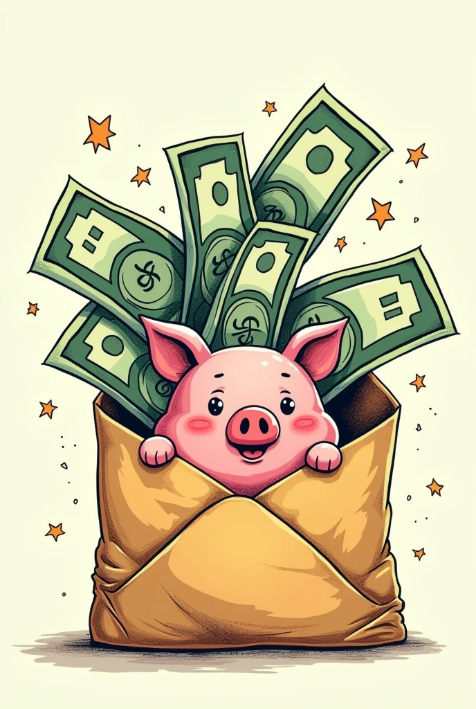  (that the drawing style is comic-like)
A piggy bank with bills coming out of a tax envelope