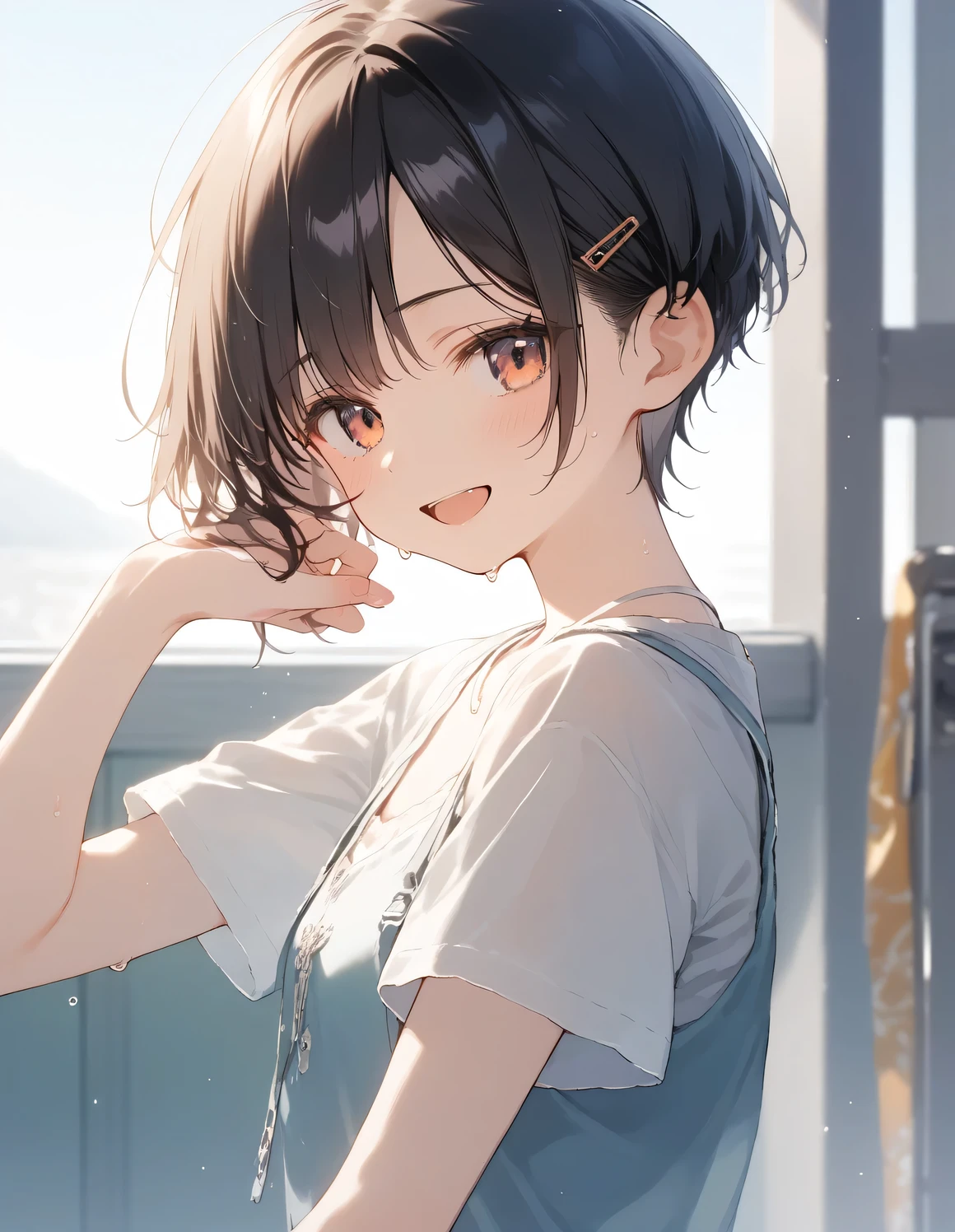 score_9, score_8_up, score_7_up, source_anime, best quality, masterpiece, official art, absurdres, highres, ultra-detailed,waifu2x,Collection: Slice of Life,break,1girl, short hair, pixie cut, flipped hair, small breasts, beautiful (well-shaped) breasts,beautiful detailed eyes, sweat, gym shorts, (wavy mouth:0.3), open mouth, outdoors, (Detailed Lighting), (Detailed background),break,(clear line illustration:1.2), super detailed skin,very high resolution, very aesthetic, Best sexual lighting powered by famous artist, 8k, 16k, cute picture,beauty illustration,photoshop_(medium),,(Detailed Lighting),best anime 8k konachan wallpaper, pixiv contest winner,