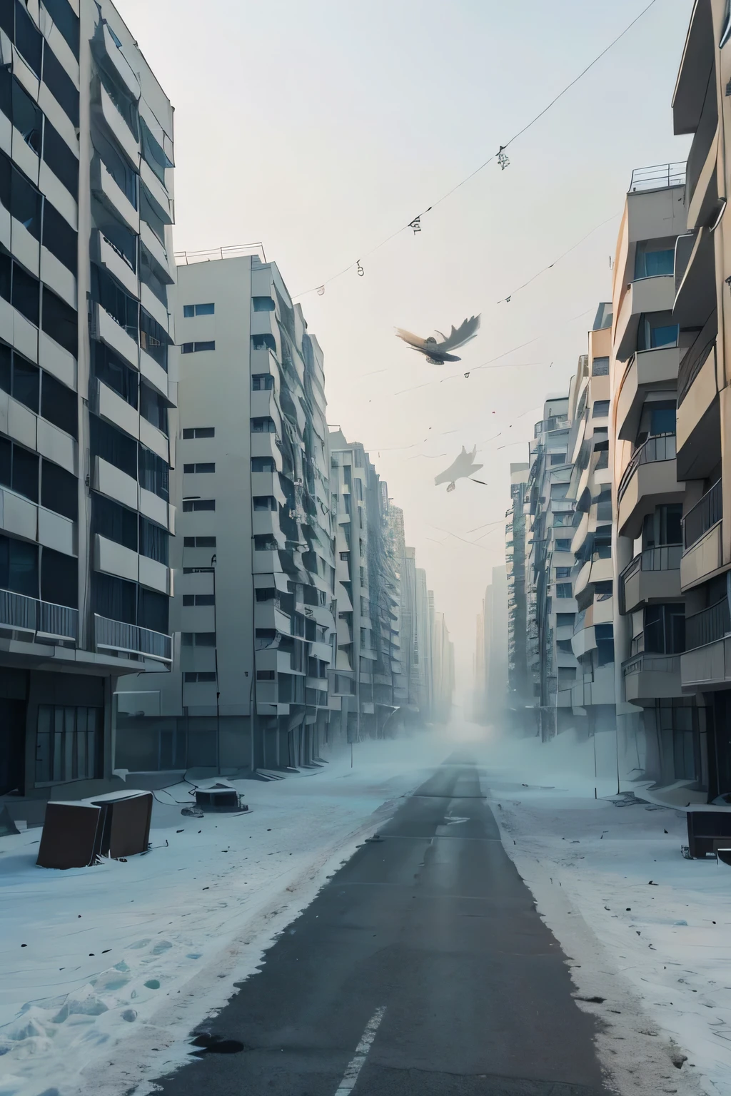 A narrow road between abandoned high rise buildings、A freezing cold wind blows through。Dust is flying。There are no people around