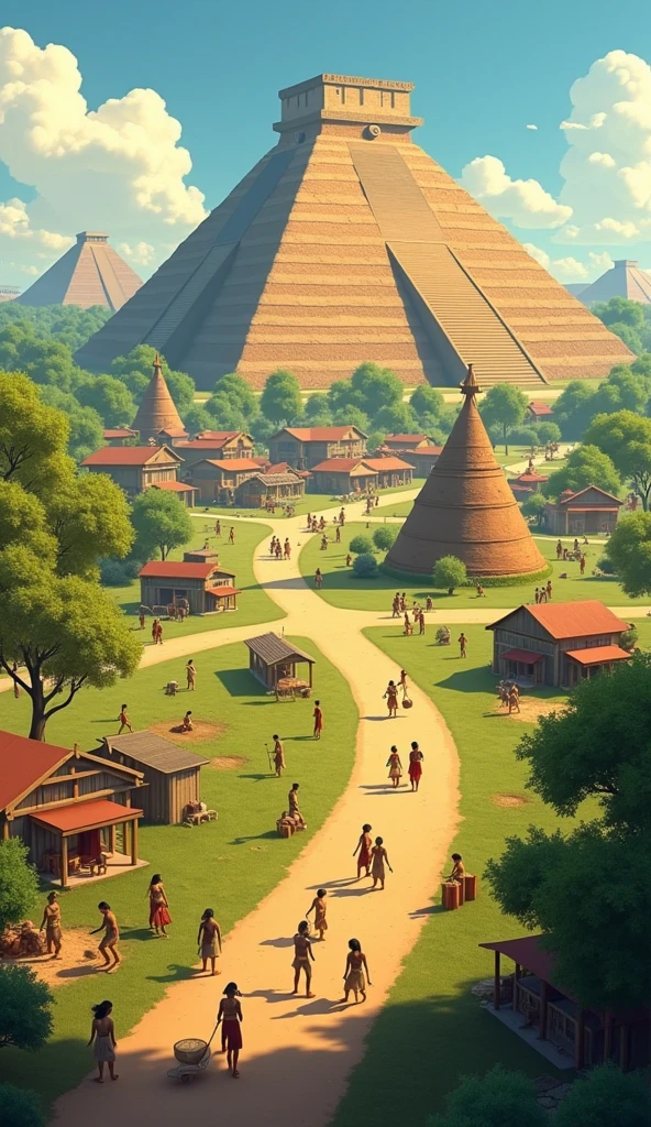 Animation of the city of Cahokia with large earthen pyramids and people going about their business.