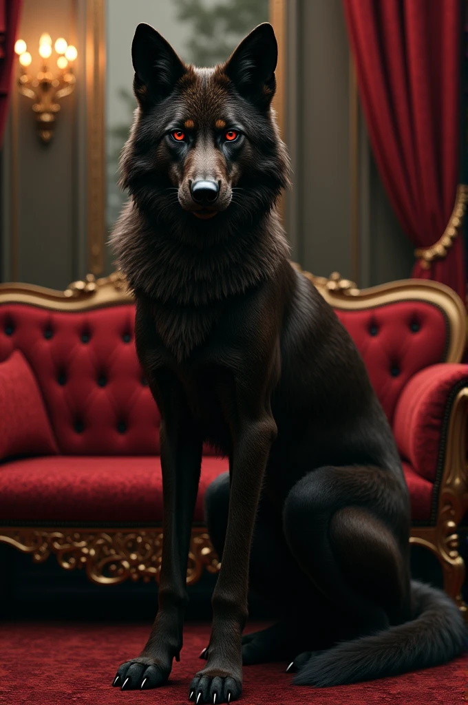 DARK BROWN WOLF WOMAN, WITH BLACK DRESS AND BLACK HIGH HEELS, RED EYES, IN A LUXURIOUS PLACE