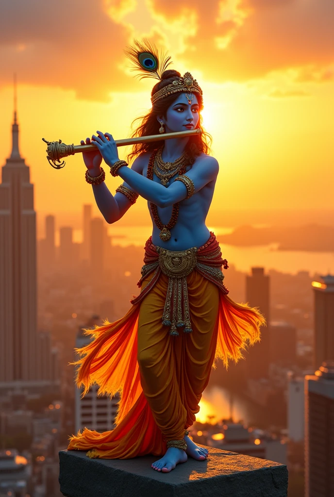एक सिटी जिसमें सूरज ढल रहा है पीछे भगवान श्री कृष्णा अपना स्वरूप दिखाएं खड़े हैं और येलो कलर का फोटो बन रहा है साथ ही भगवान श्री कृष्ण बांसुरी बजा रहे हैं और