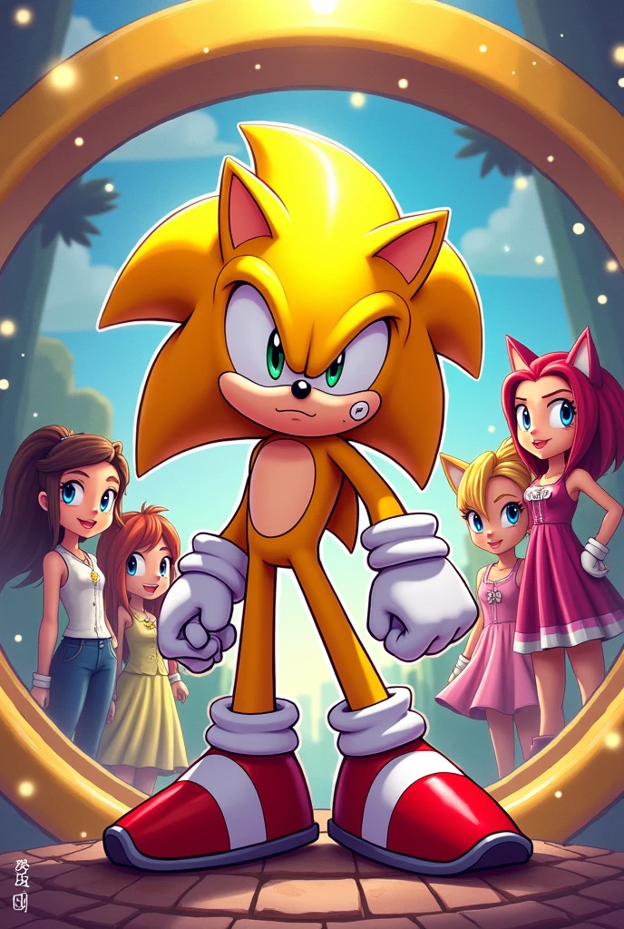 Yellow Sonic with girls inside a circle