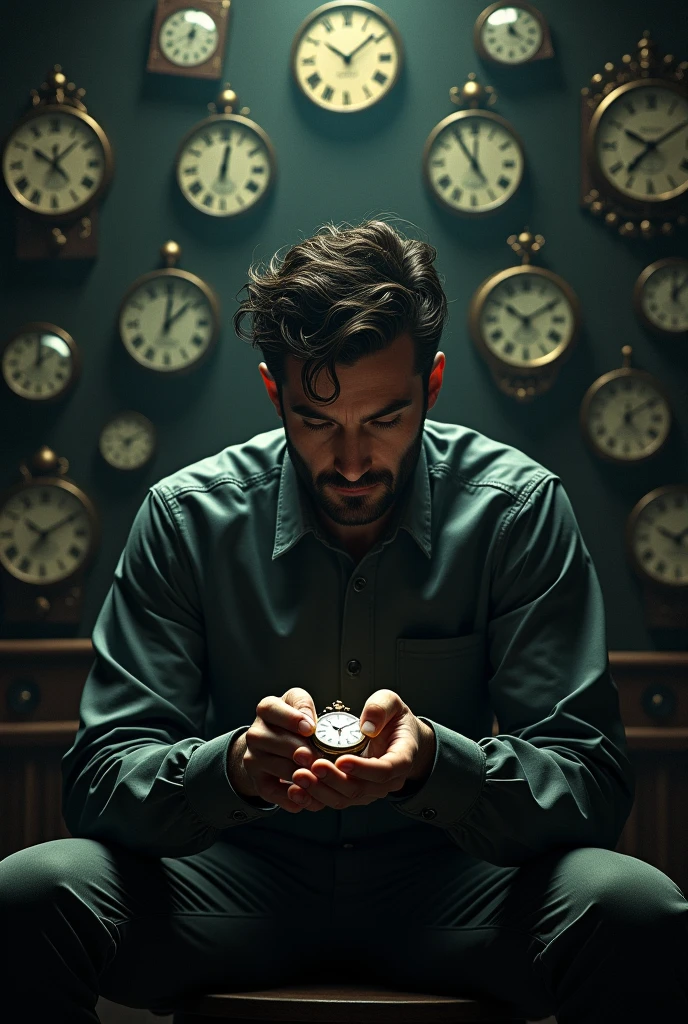 An image of a man sitting alone in a dark room, surrounded by clocks of all kinds. He looks at a pocket watch in his hands, with an expression of concern and obsession.
