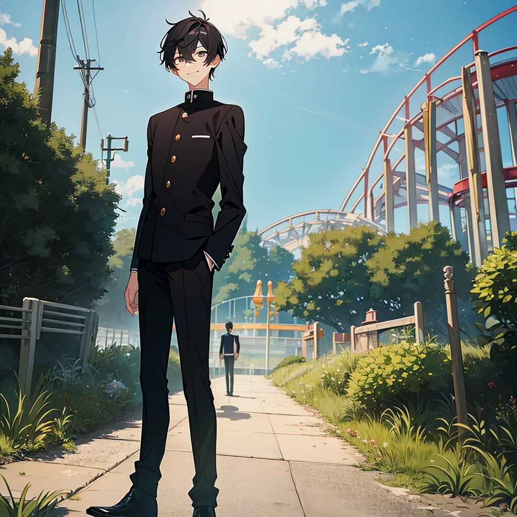 A Fullbody Picture Of A 1 Really Tall Anime Boy Figure Tcolonolonolonolonolonolonolonolonolonolonolonolonolonolonola The Really Tall Short black haired anime boy with black eyes , Happy smiling look on face 😀,Long wearing A Black Gakuran Jacket And black pants,2D Default Standing,hair bangs between eyebrows, Amusement Park Background,Near a swamp/bayou 
