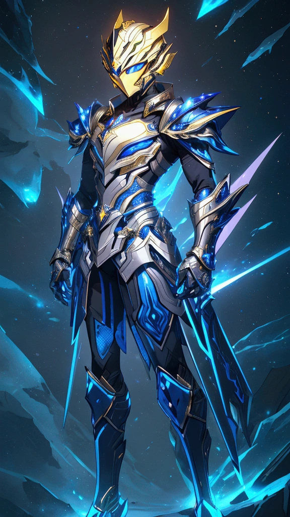 It's a man. The image presents a highly detailed and futuristic armor designed for a male warrior. The armor combines elements from different parts to create a cohesive and powerful look. Helmet: The helmet features a sleek, aerodynamic design with a golden metallic finish. It has a central crest that rises upwards, and the visor glows with a bright blue light, giving it a high-tech, futuristic appearance. Pauldrons (Shoulder Pads): The shoulder pads are designed to be close to the chest, with angular lines extending smoothly toward the shoulders. They have a polished golden finish and curve elegantly upward, creating a harmonious transition between the chest and shoulders, while providing a majestic and protective look. Chest Plate: The chest plate is intricately segmented, with a combination of gold and dark metallic blue. It has a gem-like crystal in the center that emits a soft, mystical glow. The design of the chest plate is both protective and regal, with sharp, angular lines that add to the overall futuristic aesthetic. Arm Guards: The arm guards are sleek and streamlined, with articulated golden and purple segments that offer flexibility and protection. The design of the gauntlets is both robust and elegant, incorporating futuristic elements that blend with the classic style. Leg Armor: The legs are armored with segmented plates that are primarily gold and purple. The boots are angular and sturdy, with a design that conveys both strength and agility. The overall look of the leg armor is grounded yet sleek, completing the ensemble with a powerful stance. The background of the image is a dark cosmic scene, filled with distant stars and nebulae that highlight the polished surfaces of the armor. Dynamic lighting is used to emphasize the key features, particularly the glowing visor and central chest gem, reinforcing the mystical and imposing nature of the warrior.